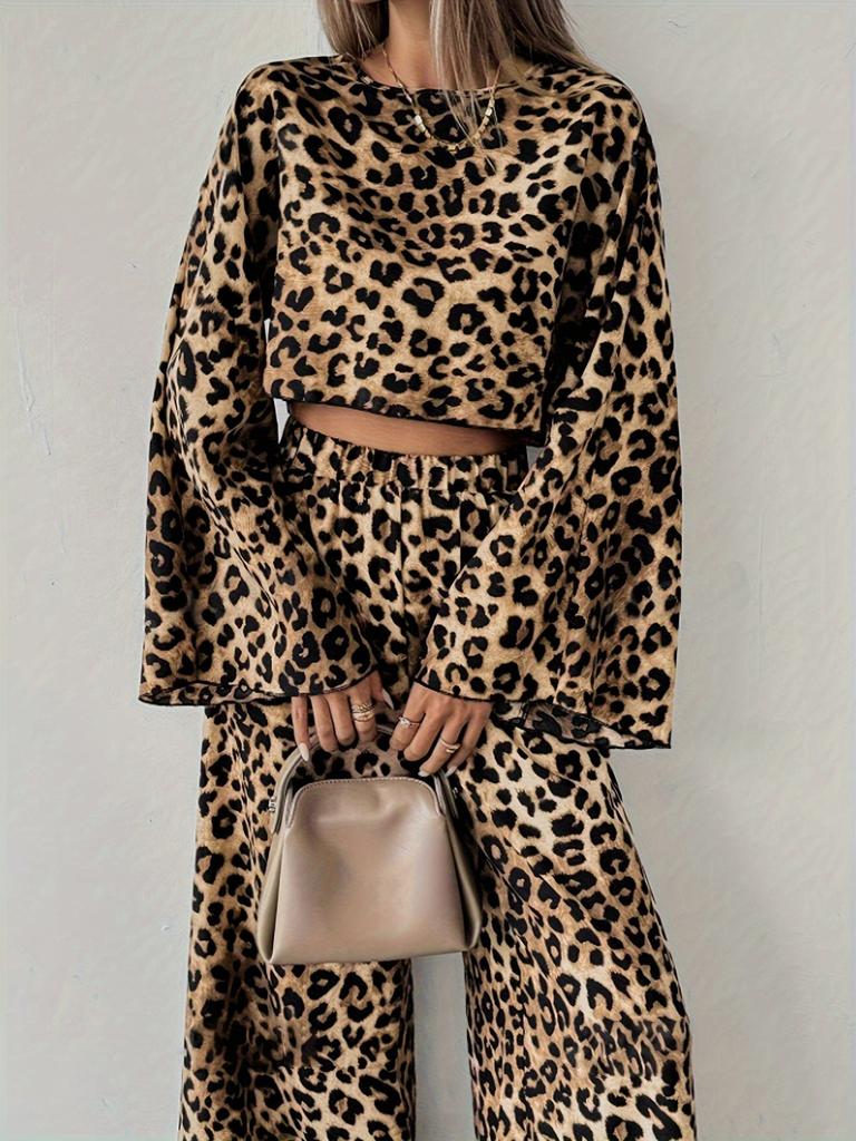 Women's Leopard Print Two Piece Set 2025 Spring New Loose Comfortable Long Sleeve Pants Outfit