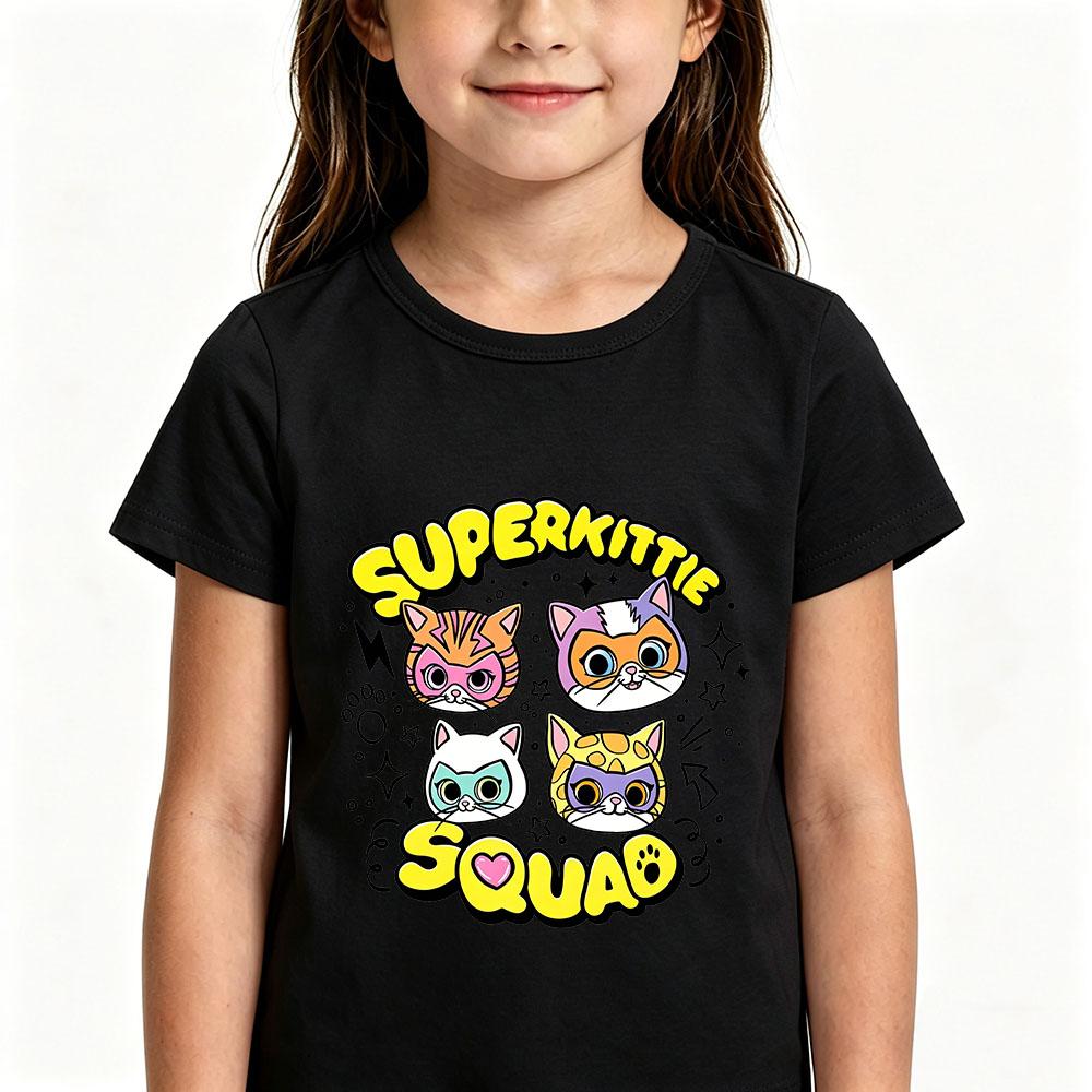 Children's Cotton T-shirts SuperKitties Cartoon Print Kids Short Sleeve Cute Boys Girls 2-12Y Tees Casual Crew Neck Tops Summer