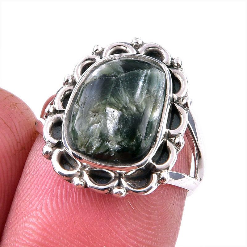 Natural Seraphinite Gemstone 925 Solid Sterling Silver Jewelry Ring Size 6 H0r11