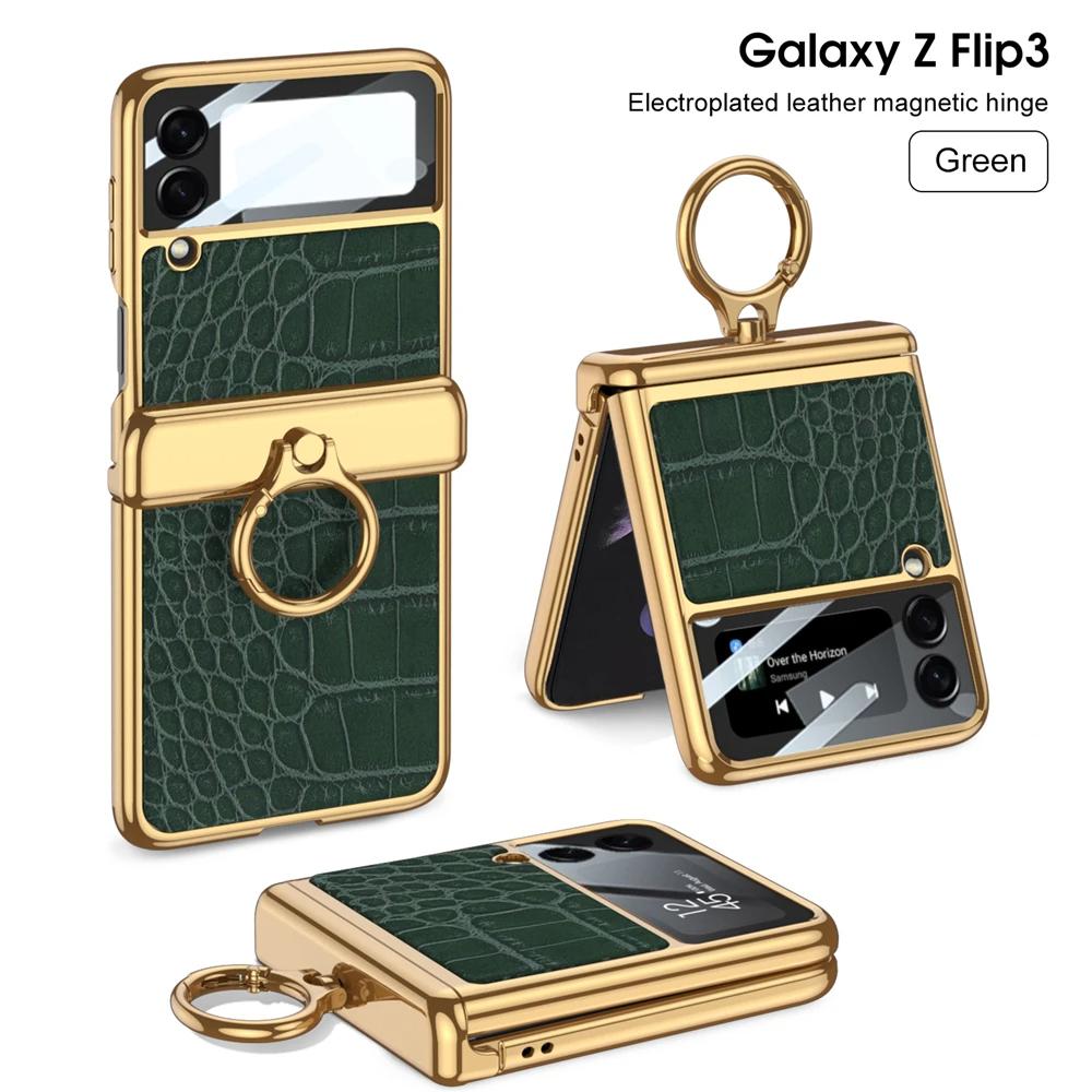 Чехол для Samsung Galaxy Z Flip 3 4 5 6 Ультратонкая Защита Экрана Coque Fundas Роскошная Кожа С Кольцом Гальваническое Магнитное Покрытие