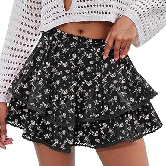 Women Cake Skirt High Waisted Double-Layered Ruffle Bohemian Mini Skirt with Elastic