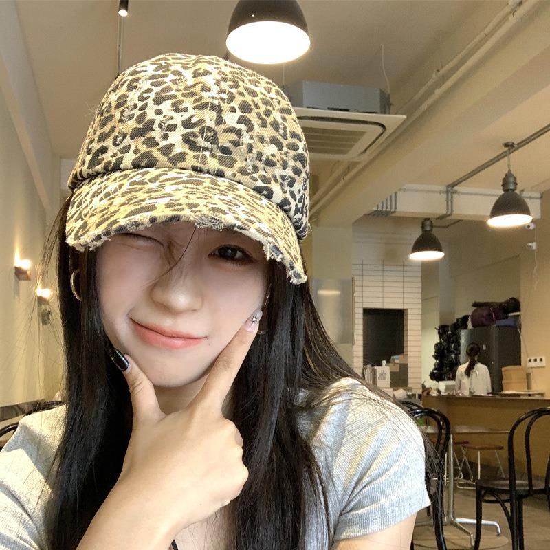 Women S Vintage Korean Style Distressed Leopard Print Baseball Cap Street Style Face Slimming Hat