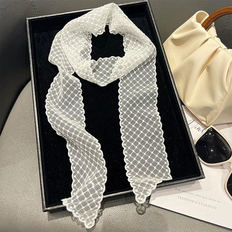 Y2K Women Narrow Long Scarf Solid Color Silk Black Bag Ribbon Headbands Choker Floral Lace Scarf