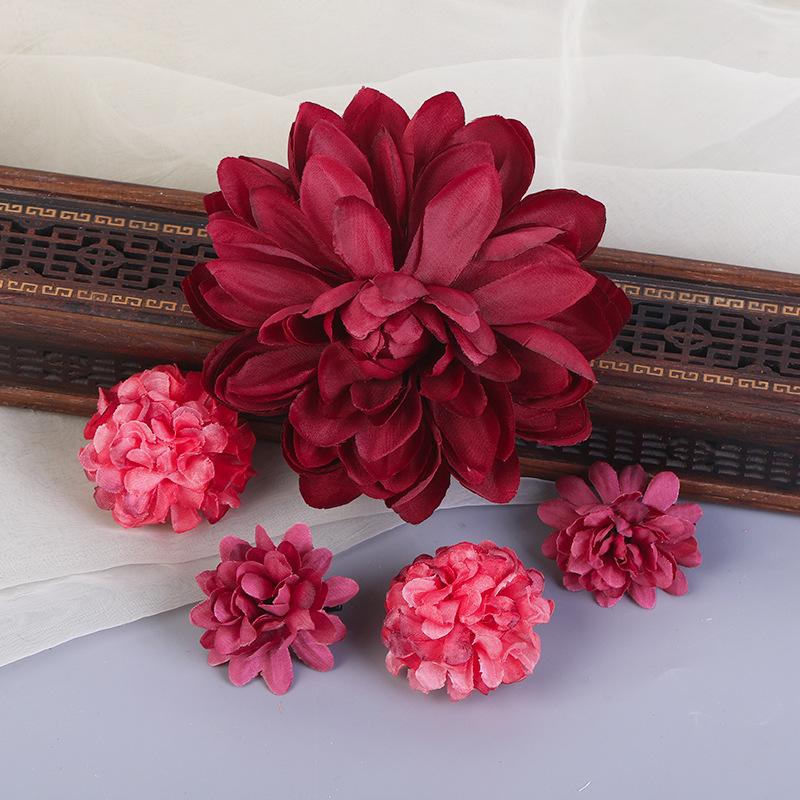 Vintage Flower Hair Clip Set Red Color Series Peony Rose Chrysanthemum Hair Clip For Women Elegant Hanfu Hair Accessories