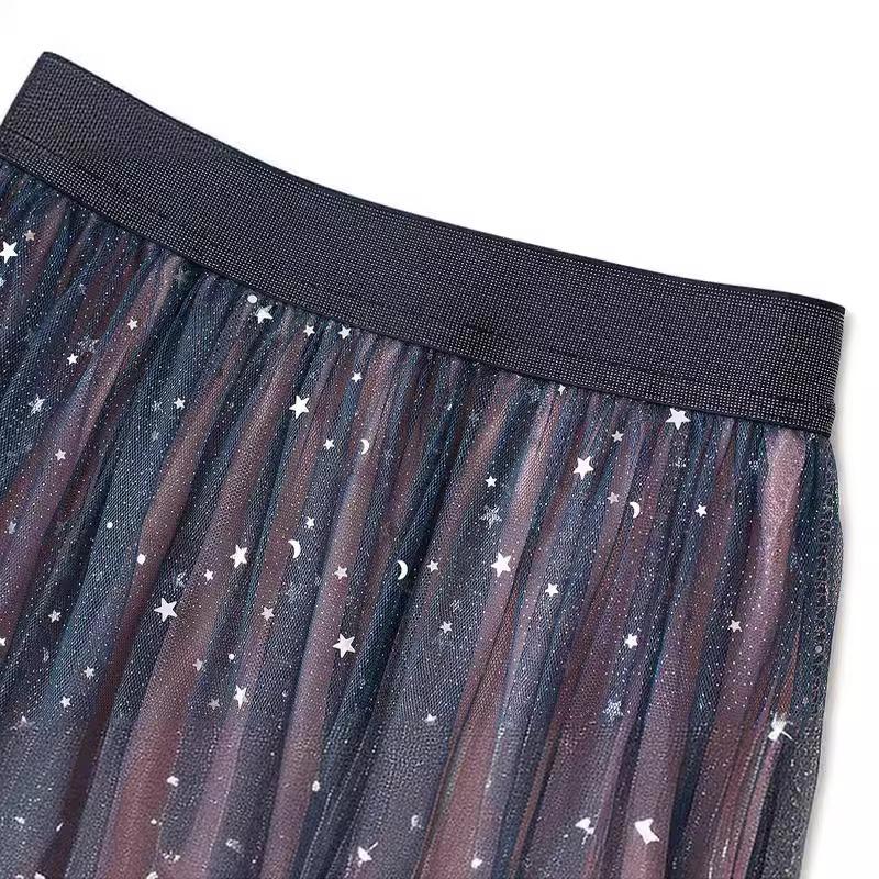 Юбка с бюстом, новая постепенная смена цвета, модная, средняя и длинная, цветная, со звездами, пайетками, эластичная талия, сетка, звездное небо, женская юбка