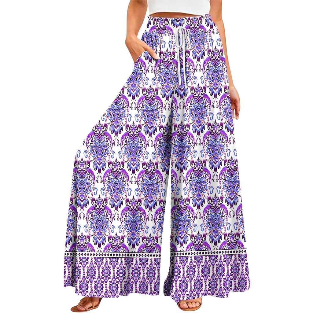 Женские летние широкие брюки с высокой талией и струящимися карманами, модные повседневные повседневные пляжные брюки в богемном стиле с принтом