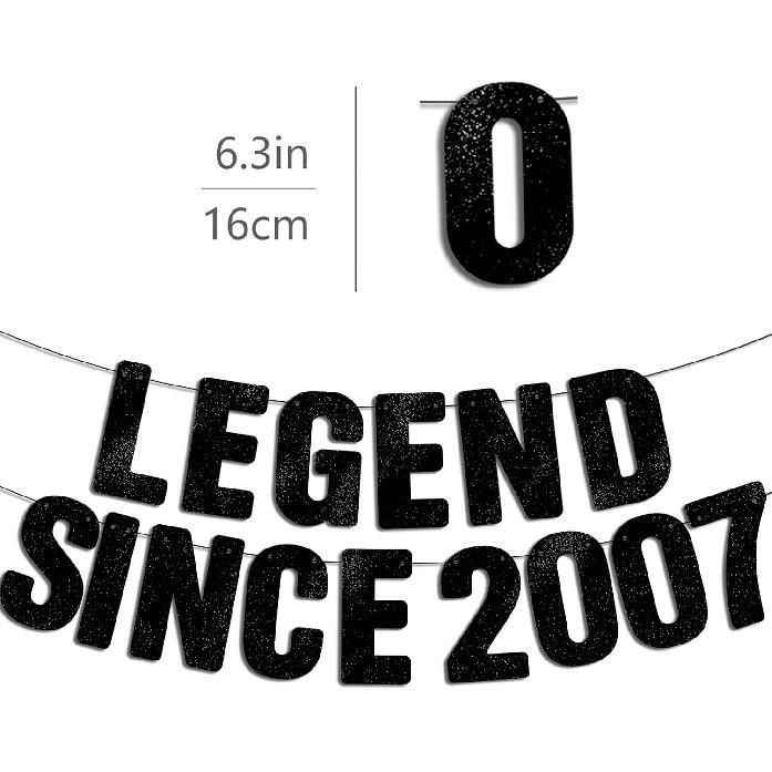 Pre-Strung Legend Since 2007 - Black Glitter Banner, 18th Birthday Decorations for Boys & Girls, Funny 18th Decor Bday Sign Gifts