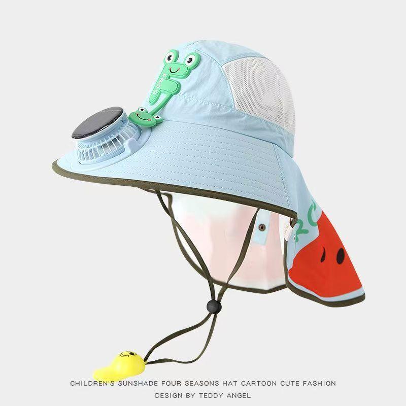 Kids Wide Brim Sun Hat Solar Rechargeable Fan Neck Flap Uv Protection For Summer Beach Activities