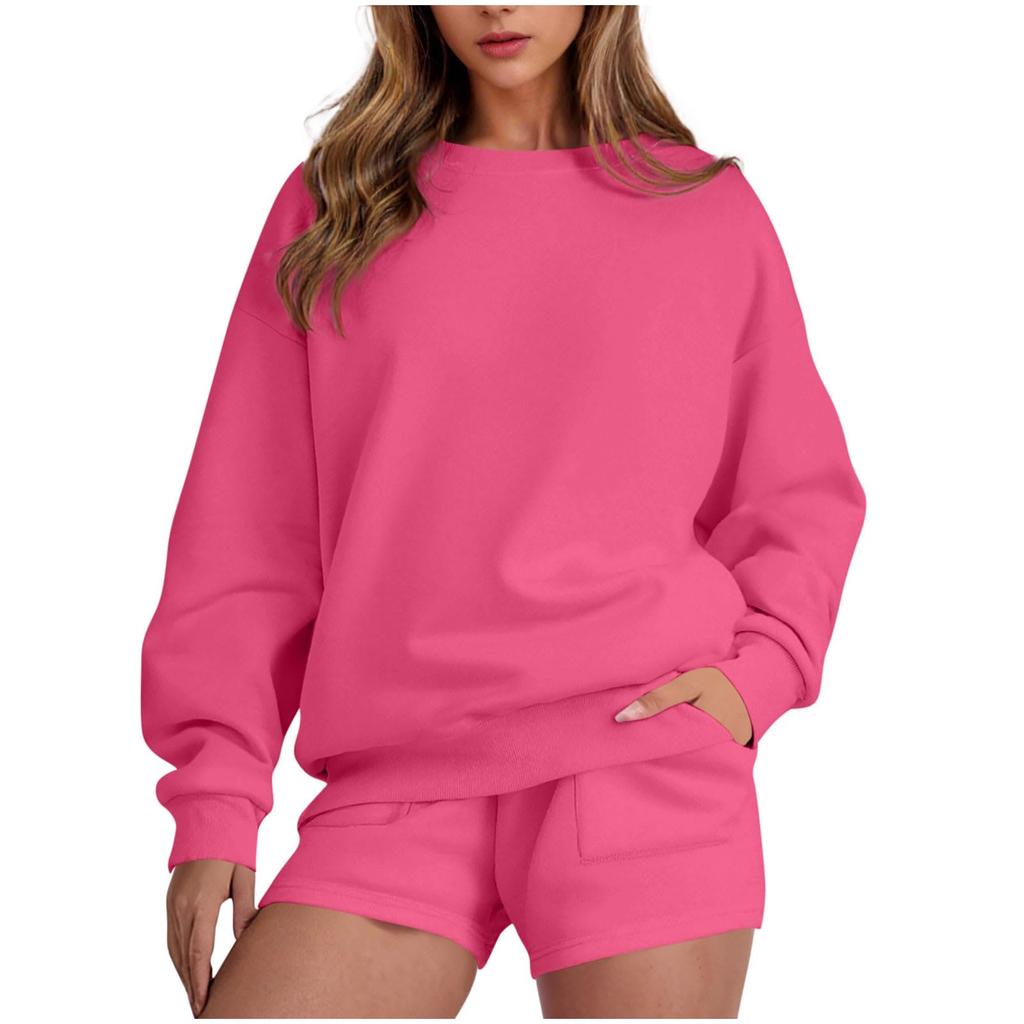 Women's Fashion Sportswear Casual Long-Sleeved Pullover Sweatshirt Drawstring Shorts Set