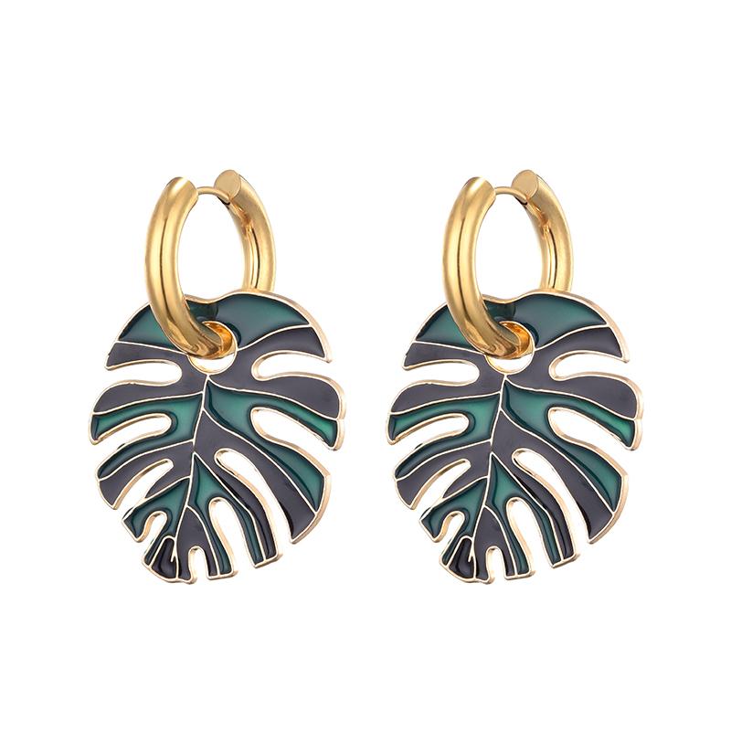 Hot Colorful Big Leaf Pendant Gold Color Stainless Steel Earrings For Women Zircon Vintage Statement Enamel Round Hoop Earrings