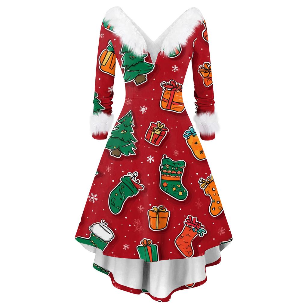 Women's Fashion Casual V-Neck Christmas Print Long Sleeve Dress
