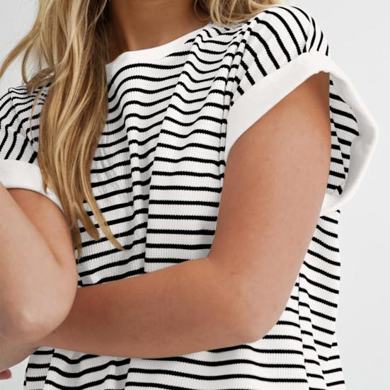 Женский комплект из 2 предметов для отдыха, полосатая рубашка с коротким рукавом и шорты, летний повседневный ребристый спортивный костюм, подходящий комплект