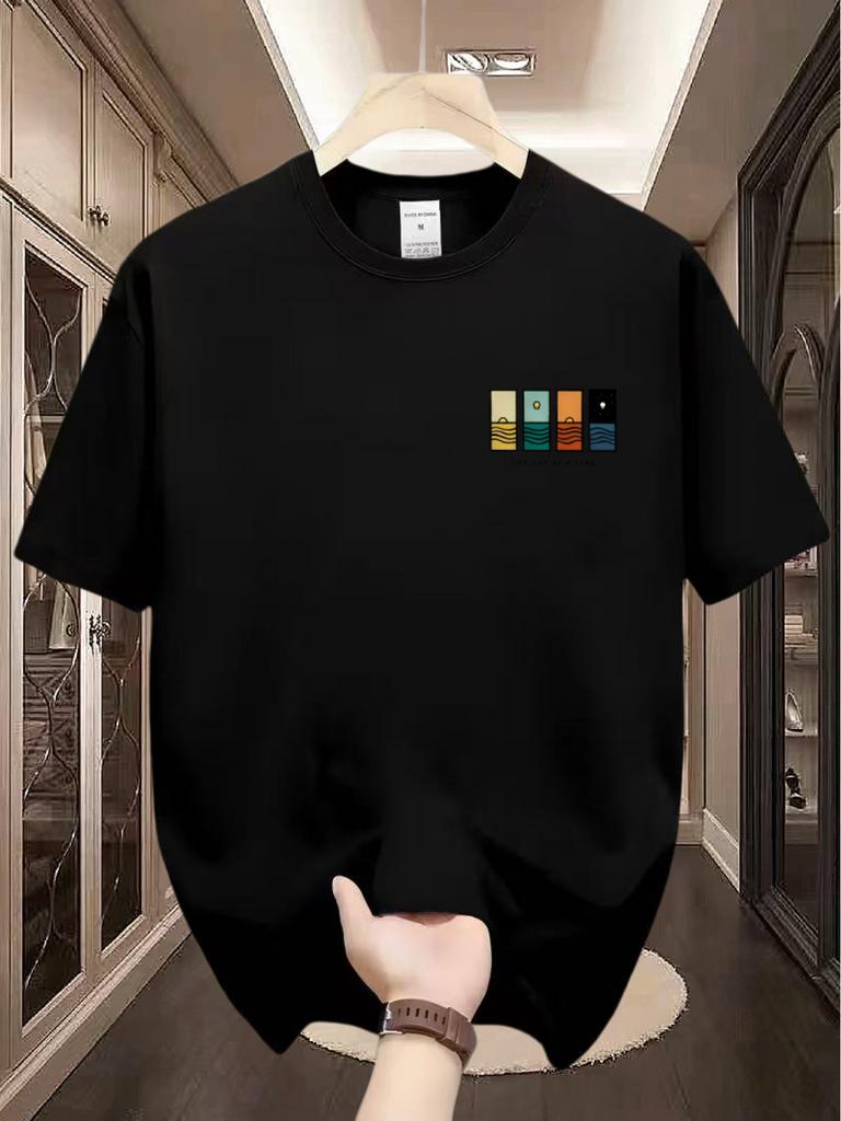Unisex Minimal Chest Print Tee Sea Sunset Four Blocks One Day At A Time Cotton Short Sleeve Crew Neck Casual Summer Daily Basic Top