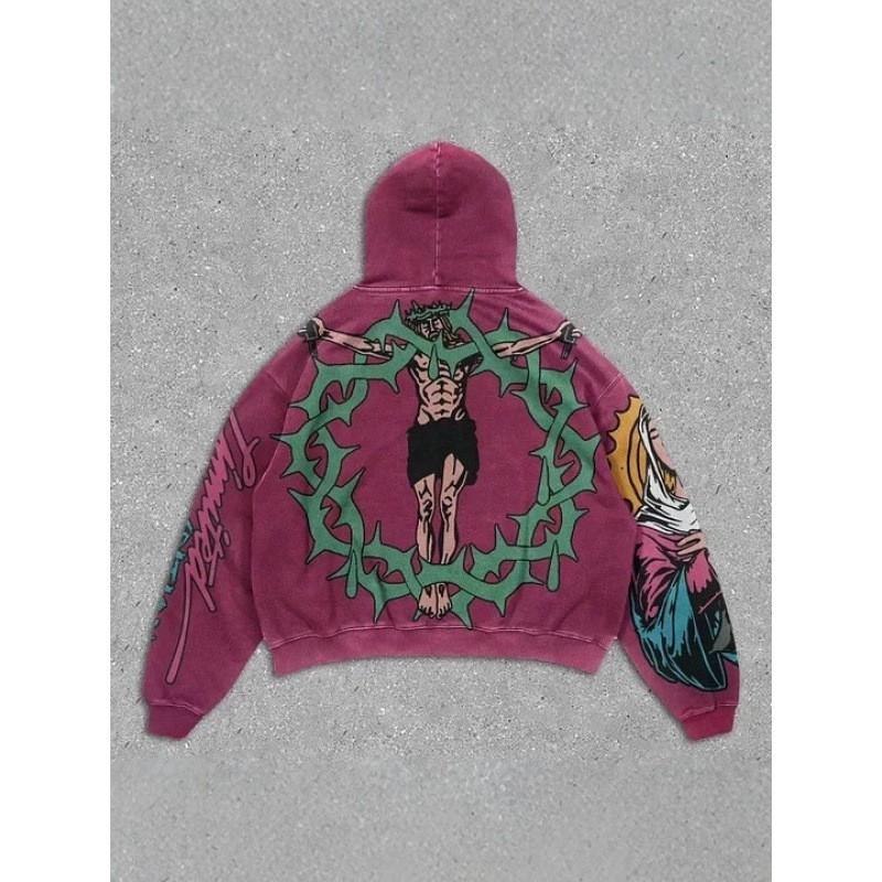 Vintage Wash Hooded Sweatshirt Loose Fit Back Graphic Print Streetwear Men Women
