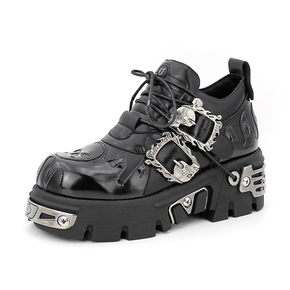 Retro Rock Shoes for Women New Dark Punk Leather Shoes Metal Niche Low Top Chunky Heels Women's Platform Motorcycle Short Boots