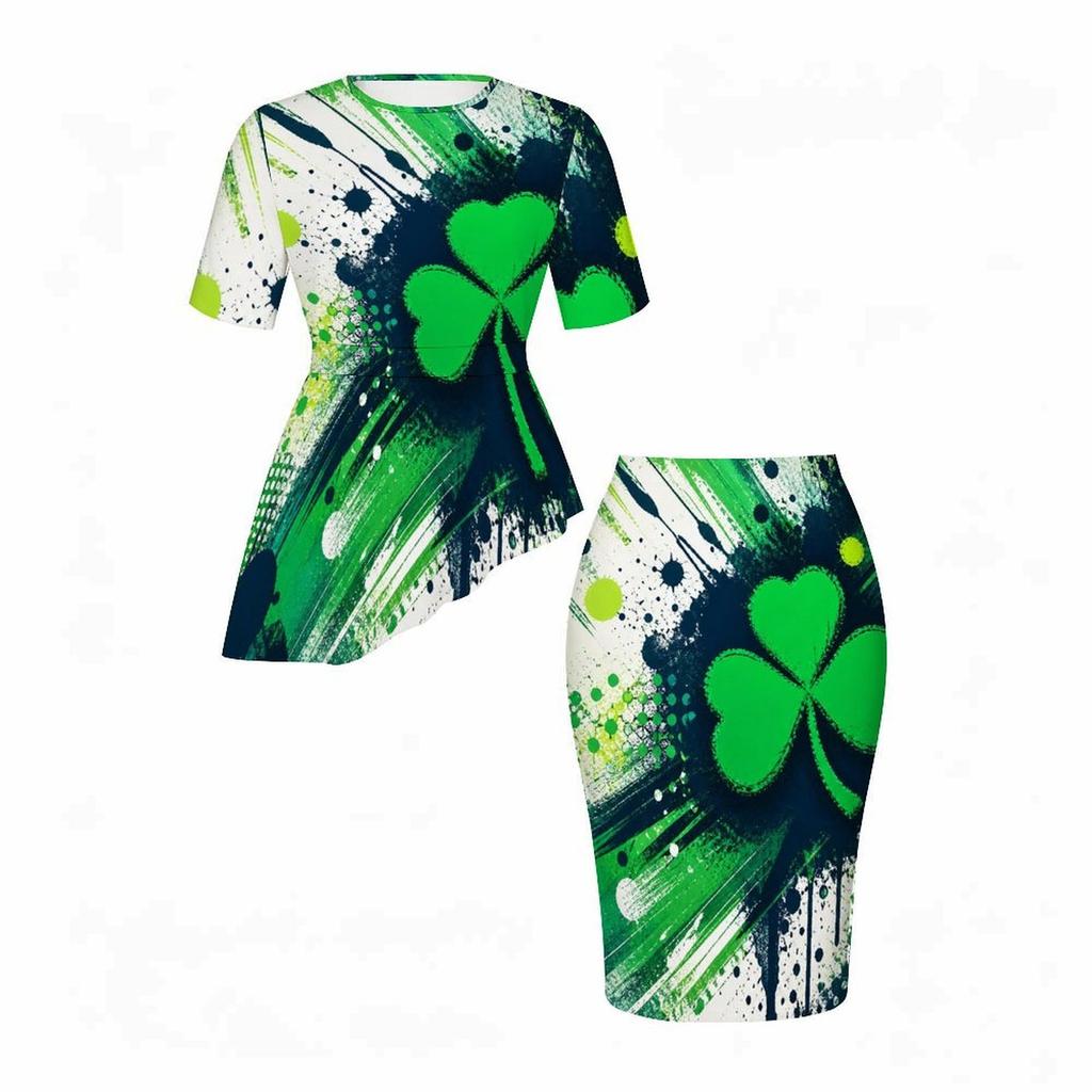 Women Plus Size Dark Green Shamrock Printed Round Neck Short Sleeve Asymmetric Top And Fitted Skirt Two Piece Set