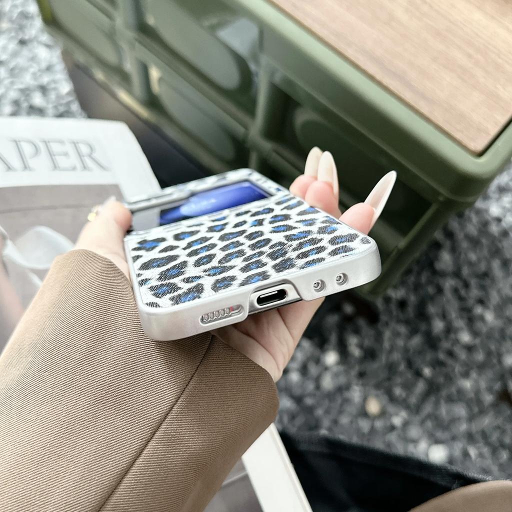 Silver Border Leopard Print Phone Case for Samsung Galaxy Z Flip 7 6 5 4 3 PU Leather Protective Cover