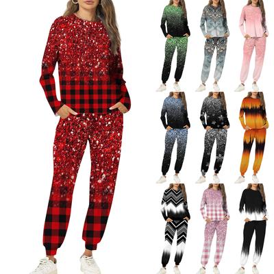 Комплекты для женщин из 2 предметов: футболки с круглым вырезом и длинным рукавом, принтованные спортивные брюки с карманами