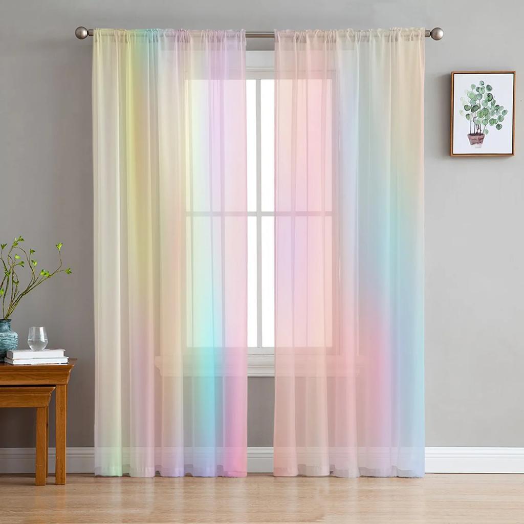 Rainbow Geometric Stripes Tulle Curtains For Living Room Kitchen Decoration Chiffon Window Treatments Voile Sheer Curtain