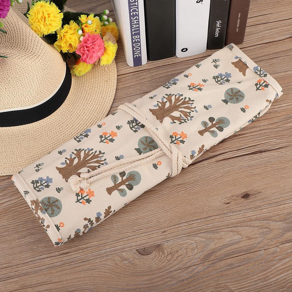 Floral Print Canvas Roll Up Pencil Bag Wrap Curtain Pen Case Large Capacity Storage Pouch