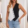 Women Button Waistcoat Sleeveless Black White Colorblock Suit Casual Vest Crossover V-neck for Short Top Daily Wear