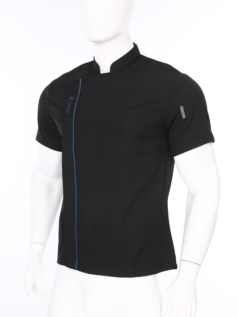 Unisex Lightweight Chef Jacket Stand Collar Short Sleeve Letter Embroidery Contrast Trim Kitchen Uniform Top