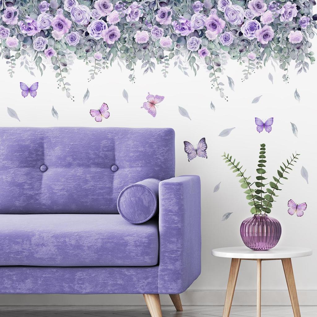 DIY Фиолетовый Лаванда Гостиная Наклейки На Стены Декор Самоклеящиеся Цветы Бабочки Наклейки На Стены Фреска Спальня Украшения Дома