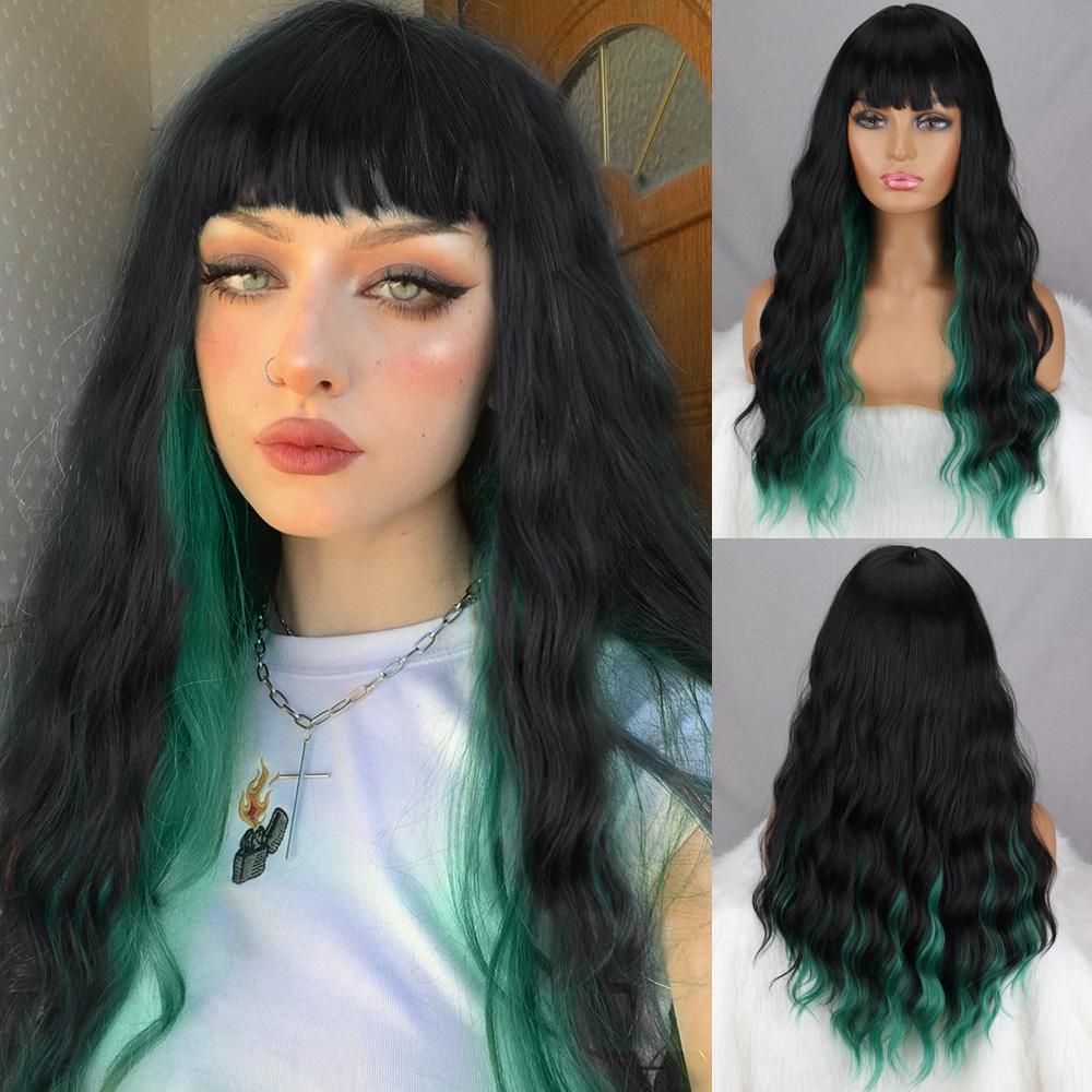 MISS WIG Grey Wig Long Wavy Wig with Bangs Synthetic Fiber Long Water Wave Wig for Women Daily Wear