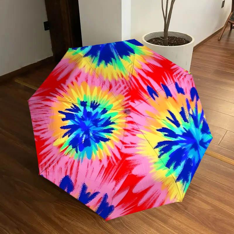 1pc Tie-Dye Pattern Automatic Folding Umbrella, Portable Collapsible Design, 8-Rib Iron Frame, Outdoor Accessory yy250905109