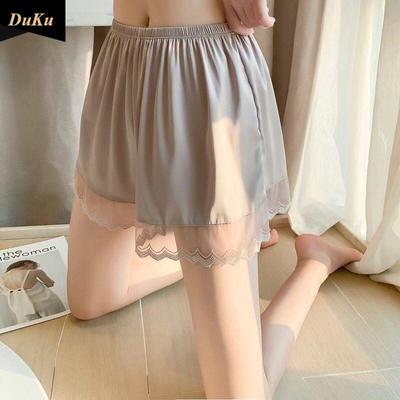 Леггинсы женские летние тонкие кружевные свободные с высокой талией большие размеры нескользящие три четверти шелковые брюки