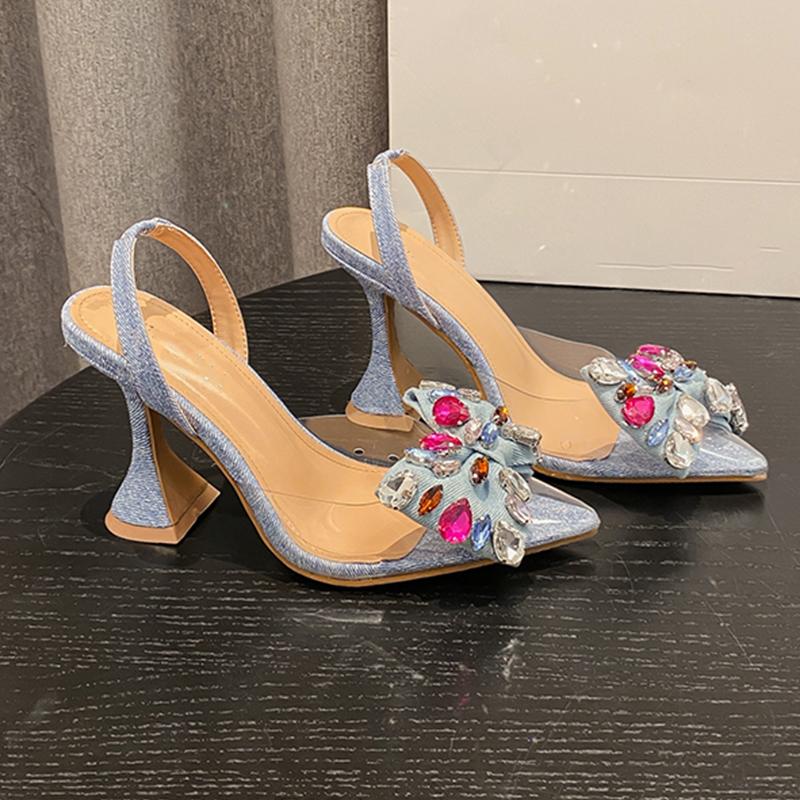 Aneikeh Весенняя Мода Стразы Бант Женские Туфли Лодочки Высокие Каблуки Острый Носок ПВХ Прозрачные Сандалии Вечеринка Свадьба Выпускной Обувь