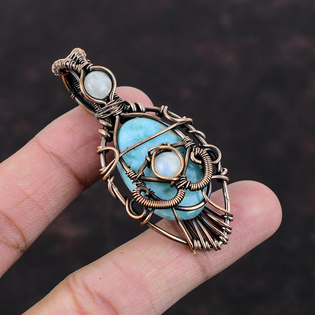 Подвеска с ларимаром от сглаза, медная проволока, ювелирное изделие, драгоценный камень, подвеска ручной работы, радужный лунный камень, подарочная подвеска, медная проволока, обернутая в рулон