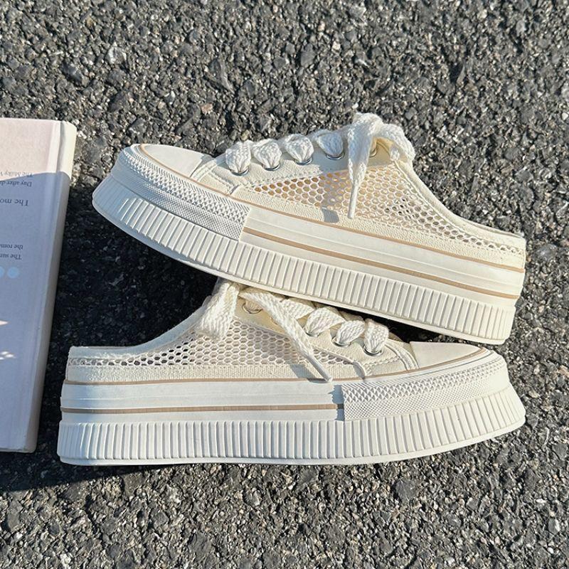 All-Match Canvas Shoes Slip-on Half Slippers Board Shoes White Shoes Women's Summer Women's Breathable Mesh Shoes Shoes with Skirt