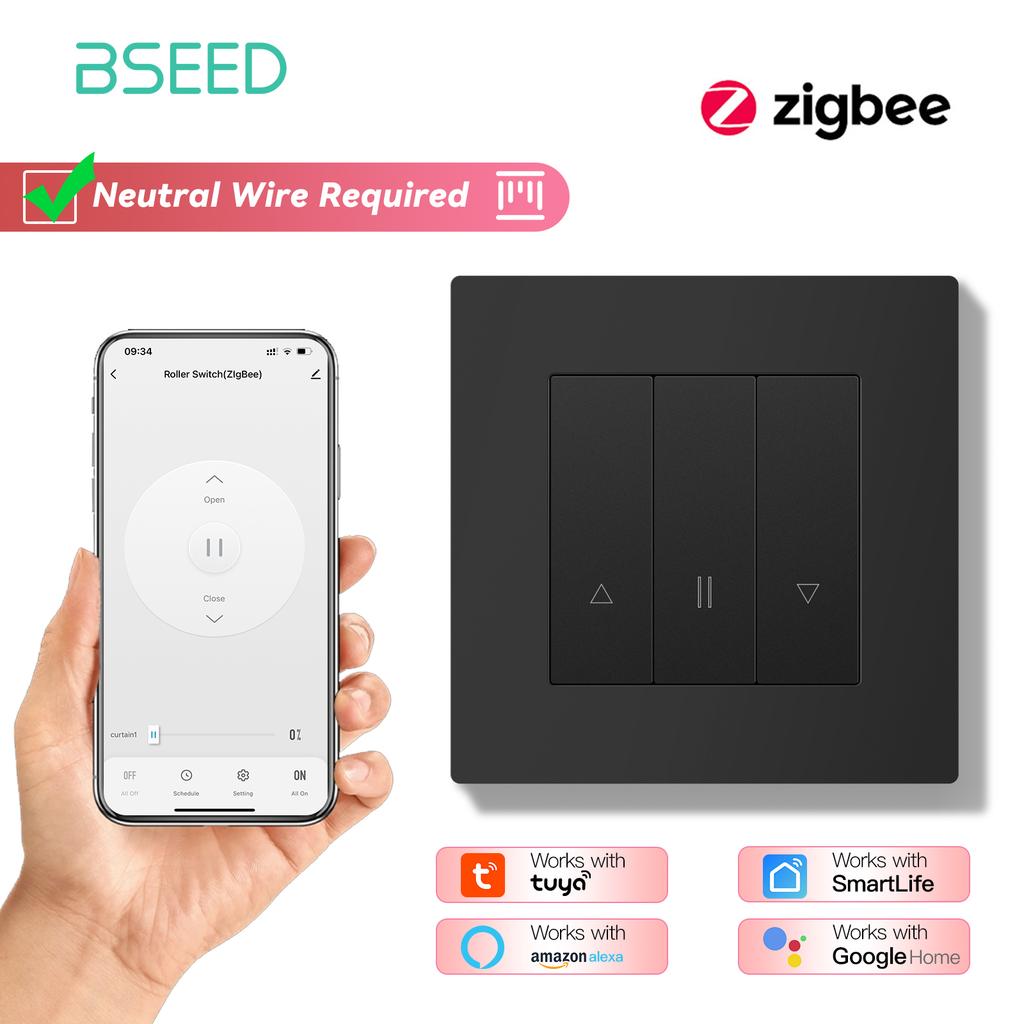 BSEED Zigbee Shutter Switch With Wall Sockets Wall Smart Click Switches Yellow Backlight Plastic Frame Tuya APP Roller Switch EU
