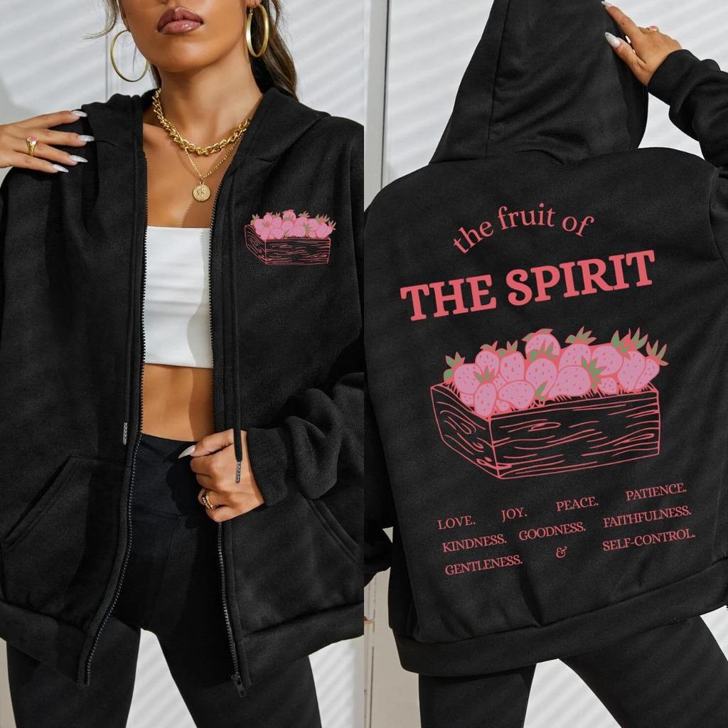 The Fruit Of The Spirit Strawberry Prints Women Zipper Hoodies Harajuku Casual Hoody Loose Clothes Autumn Top