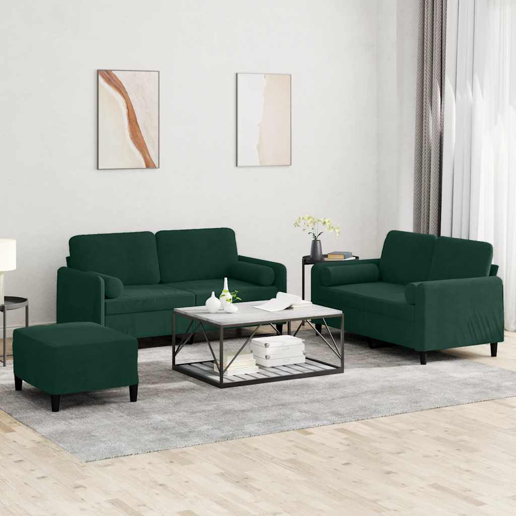 3 Piece Velvet Sofa Set with Cushions Dark Green