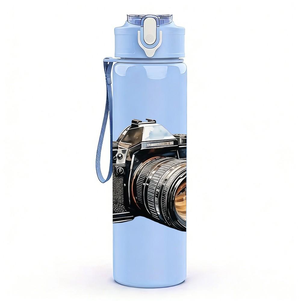 1PC Retro Camera Photo Pattern 750ml Color Plastic Sports Water Bottle Leakproof Flip Straw Lid Suitable for Sports Office Home Use