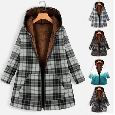 Женская модная зимняя флисовая куртка-пальто с капюшоном и принтом, двусторонняя