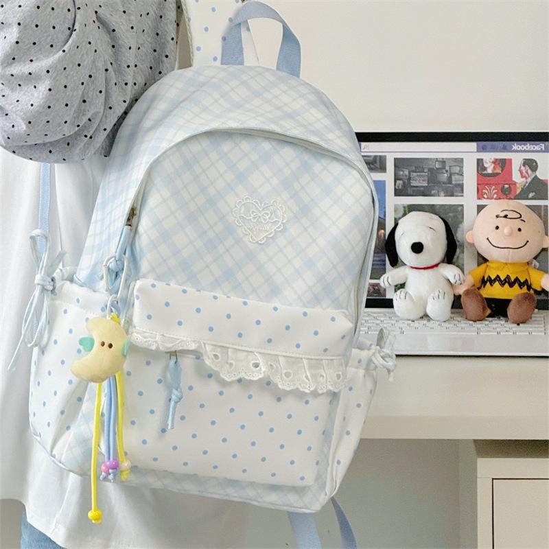 Schoolbag small fresh Japanese plaid student schoolbag niche polka dot lace design backpack light soft sister computer backpack