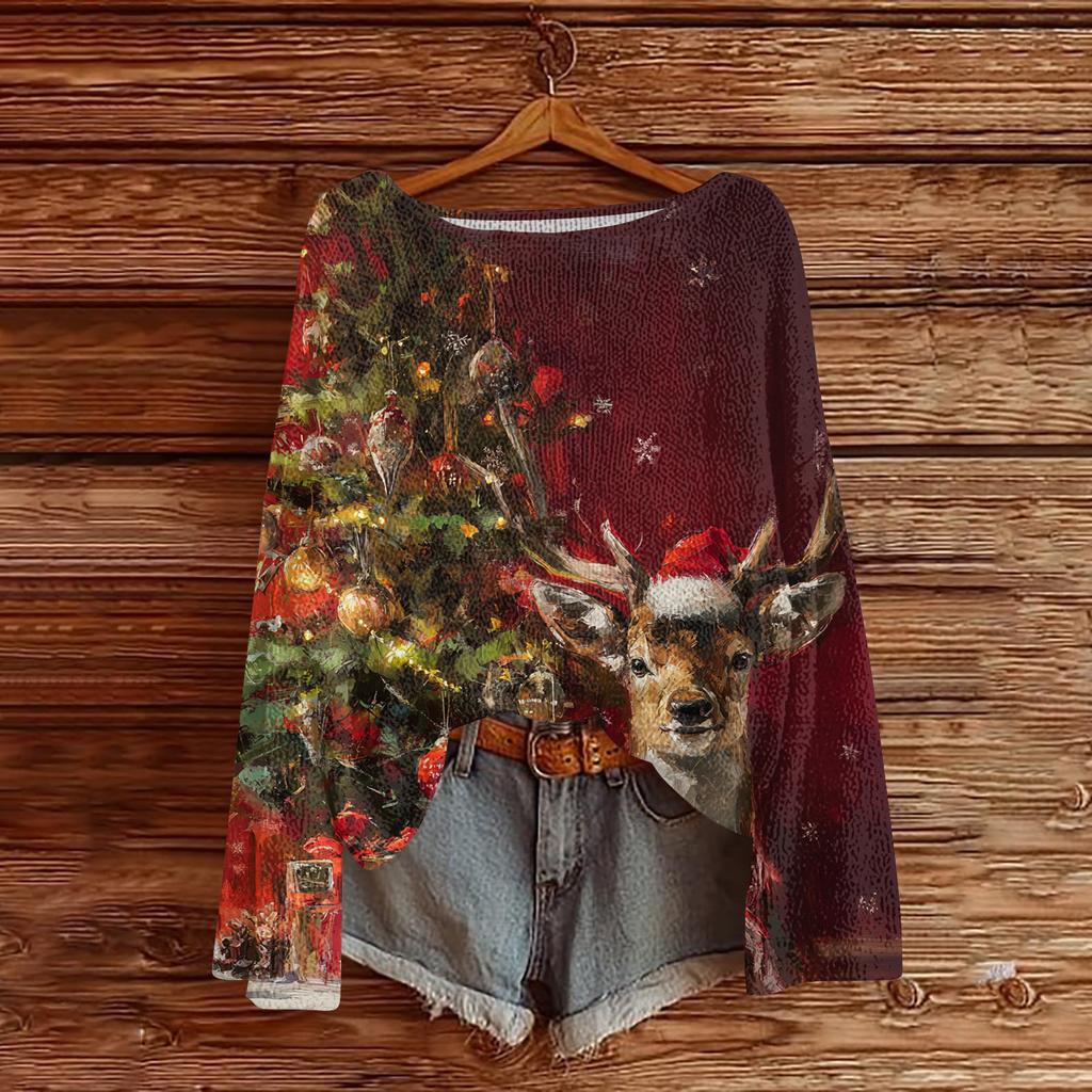 Женский повседневный модный топ с круглым вырезом, рождественским принтом, длинным рукавом, вязаный пуловер