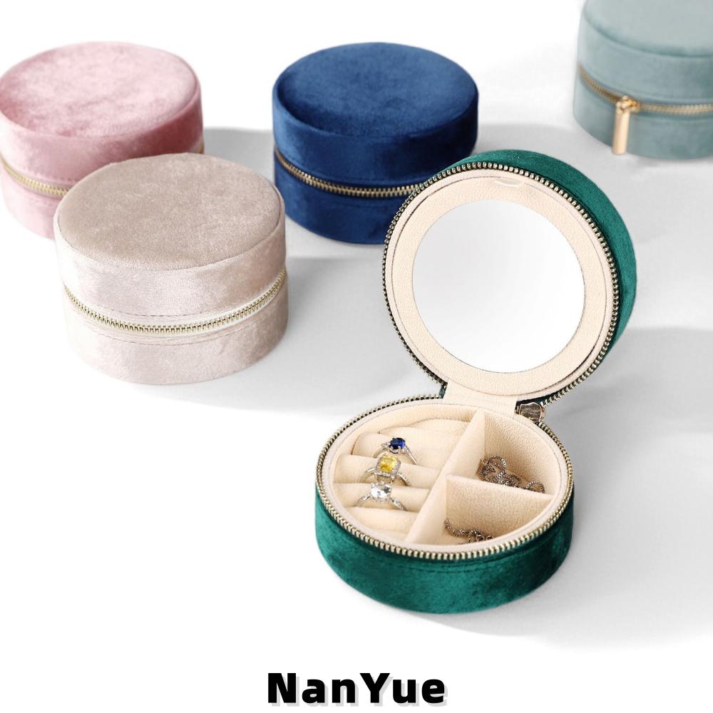 Custom Logo Round Velvet Jewelry Box with Mirror Portable Travel Zipper Rings Earrings Necklaces Jewelry Storage Box
