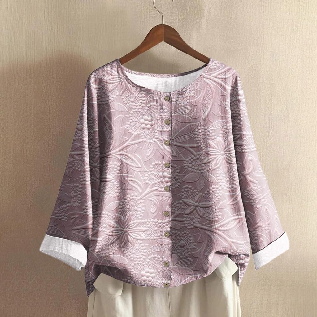 Женская модная и повседневная рубашка с длинным рукавом, круглым вырезом и принтом, блузка-топ из хлопка и льна