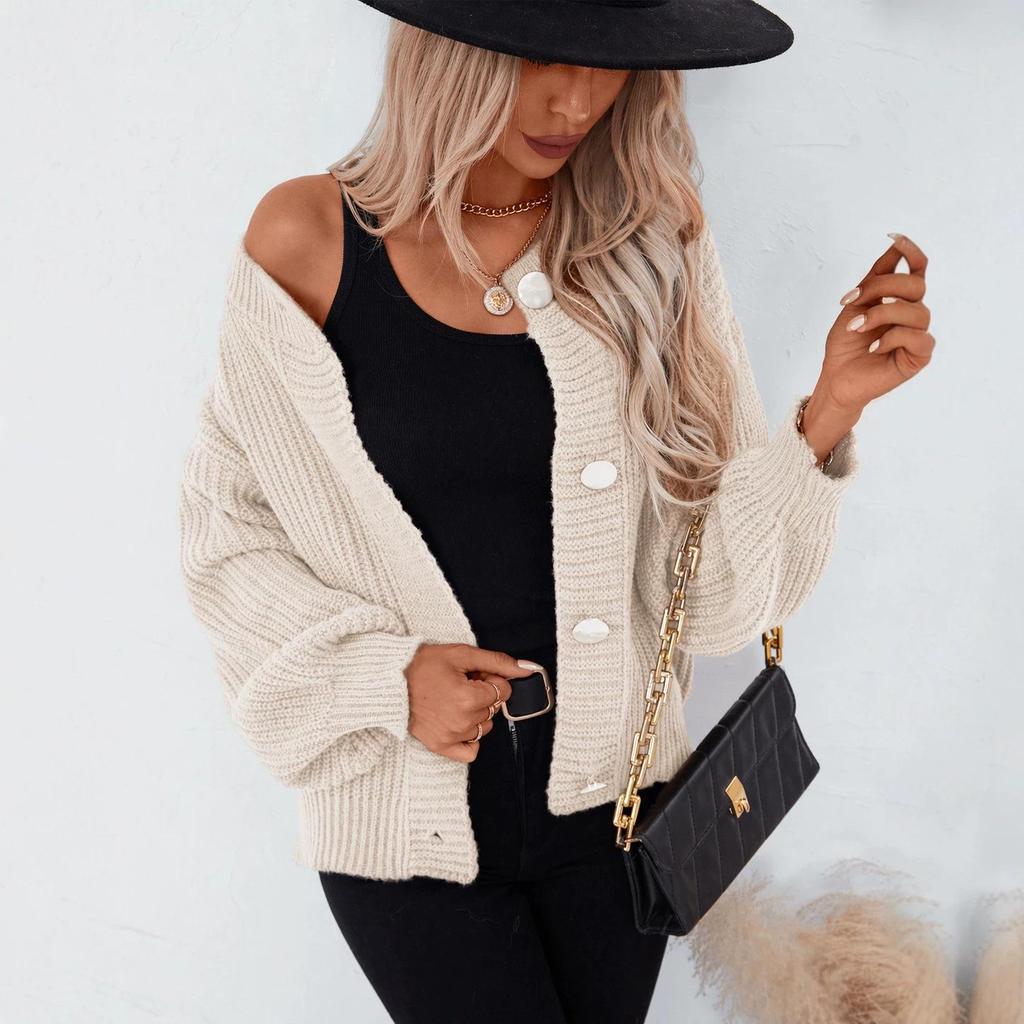 2024 Autumn-Winter Women's Solid Color Knit Cardigan: European & American Style, Loose Single-Breasted Long Sleeve Sweater Coat.