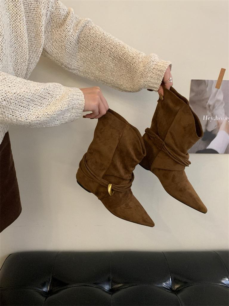Внутренние увеличивающие рост остроносые коричневые облегающие ботильоны короткие ботинки женская обувь 2025 осень и зима ботфорты средней длины в стиле вестерн ковбойские ботинки