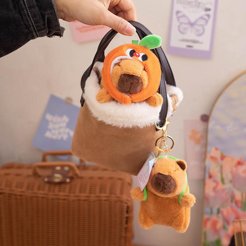 Orange Hat Frog Capybara With Backpack Plush Keychain Toy Decoration Pendant