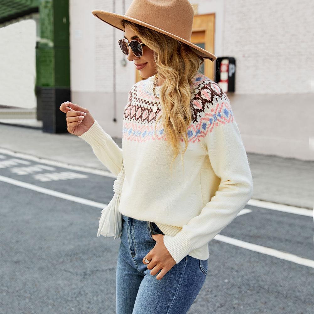 Осенне-зимний женский свитер, винтажный жаккардовый вязаный свитер с цветными блоками, свободный пуловер большого размера, свитер