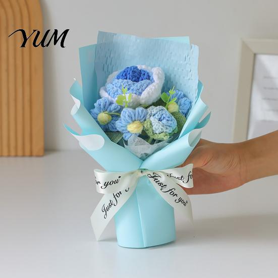 Handmade Knitted Gift for Anniversary Hand Crocheted Yarn Flower Bouquet, Artificial Rose Sunflower, Decorative Ornament Crochet Flowers Teacher