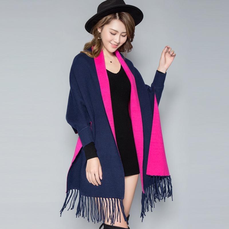 Женская двухсторонняя шаль, шарф, двойное назначение, утолщенная бахрома с длинными рукавами, кашемировая смесовая куртка-накидка
