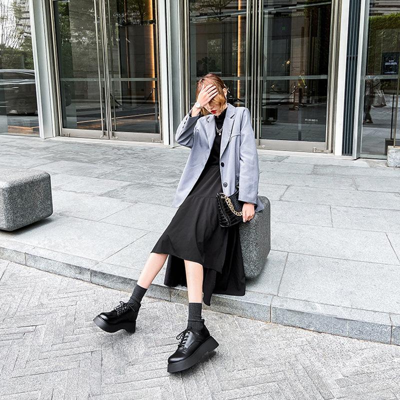 Black British Style Small Leather Shoes Spring and Autumn New Thick-soled Big-toe Derby Shoes College Style