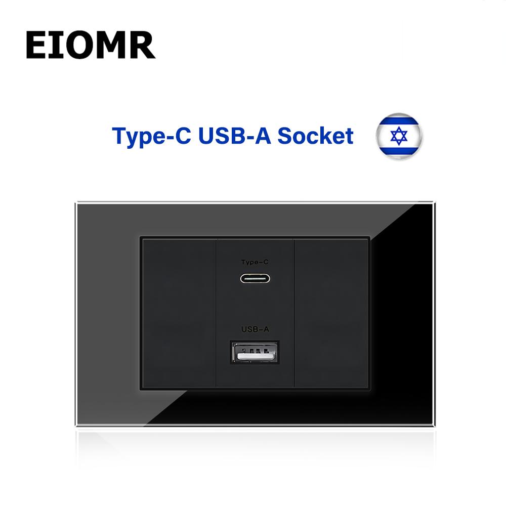 EIOMR Израиль Настенная розетка с быстрой зарядкой USB Type C, 118*75 мм, Черное закаленное стекло, Спутниковое ТВ, Телефон, Звонок, Механический настенный выключатель света
